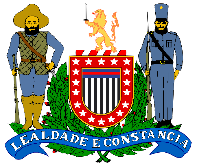 O Brasão-de-armas da Polícia Militar do Estado de São Paulo, Escudo Português, perfilado em ouro, tendo uma bordadura vermelha carregada de 18 estrelas de 5 pontas em prata, representando marcos históricos da Corporação